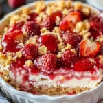 Strawberry Cheesecake Dump Cake 7 A slice of strawberry cheesecake dump cake topped with fresh strawberries on a white plate