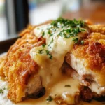 Crispy, Creamy Chicken Cordon Bleu 7 Golden, crispy chicken cordon bleu sliced open with creamy cheese and ham filling, drizzled with Dijon sauce on a plate.